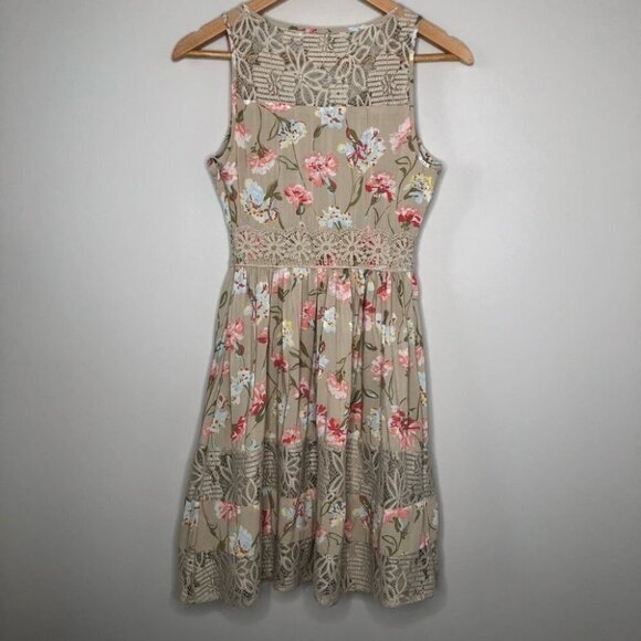LAUREN‎ Conrad Pink & Blue Floral Lace Trimmed Sleeveless Beige Dress Size  2 - Picture 5 of 7